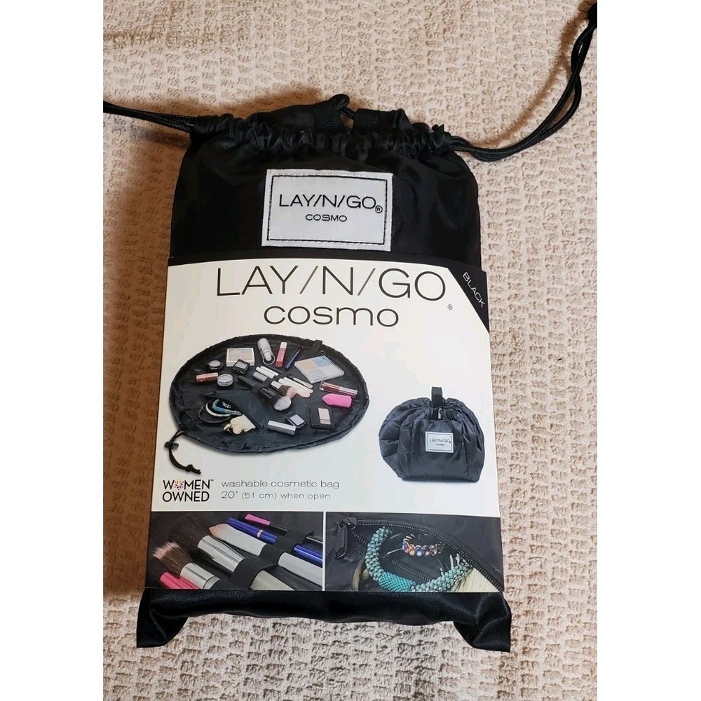 lay n go cosmetic bag Black Round Drawstring Travel Gym 20"‎ Open Pouch NWT